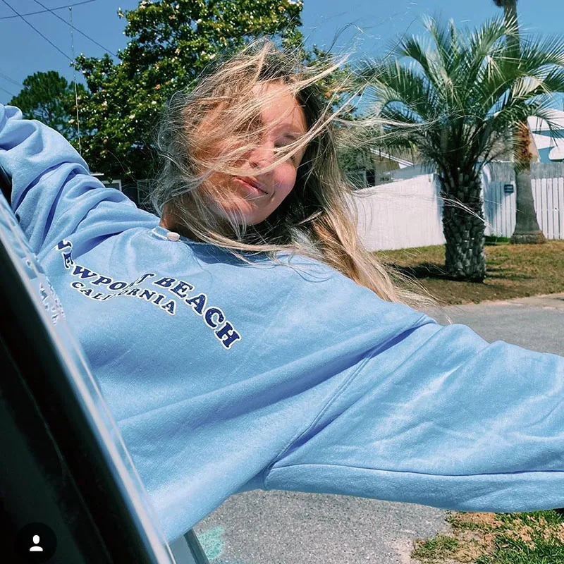 

Blue Letter Printing Sweatshirt Women Vintage 2020Autumn New Long Sleeve Loose Fashion Streetwear Plus Size England USA Style BF