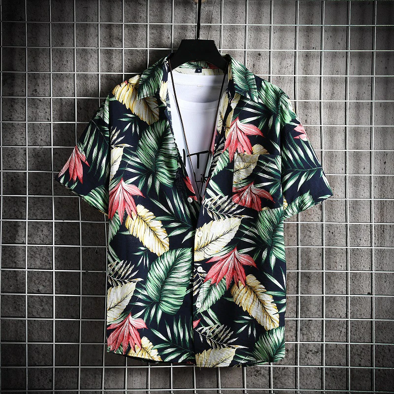 Fashion Dot Mens Hawaiian Beach Shirts 2021  Summer New Short Sleeve Floral Print Tropical Aloha Shirts Holiday Vacation