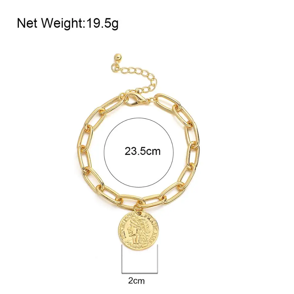 

ALLYES Simple Gold Color Head Portrait Round Coin Charm Metal Bracelet for Women Link Chain Bracelets Bangles Bijoux Femme Gifts