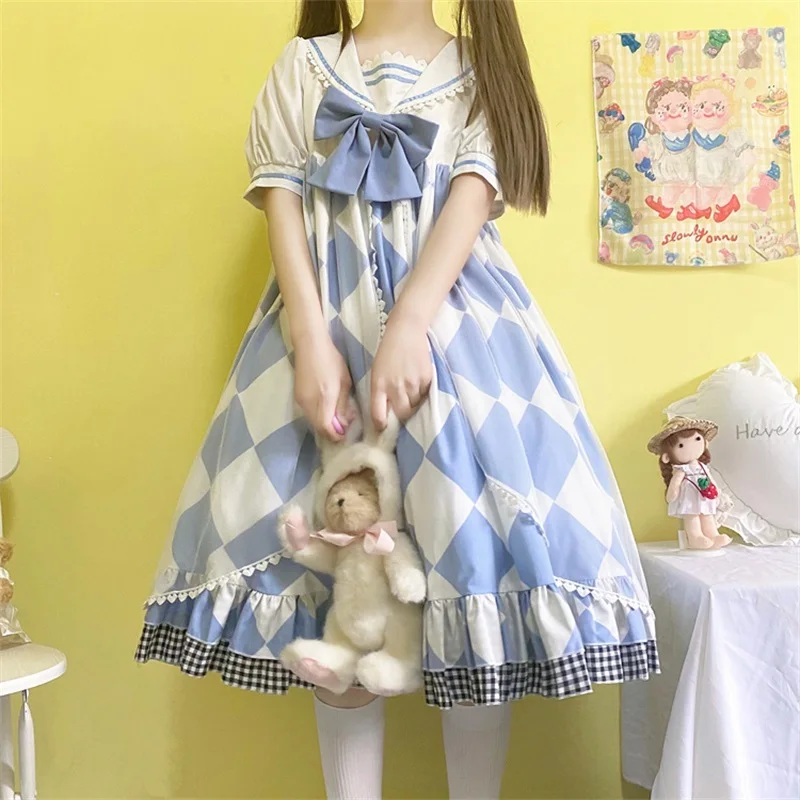 

Lolita Style Japanese Sweety Soft Girly Princess Dress Kawaii Sailor Collar Bow Cute Rabbit Ear Puff Sleeve Ruffles Dresses