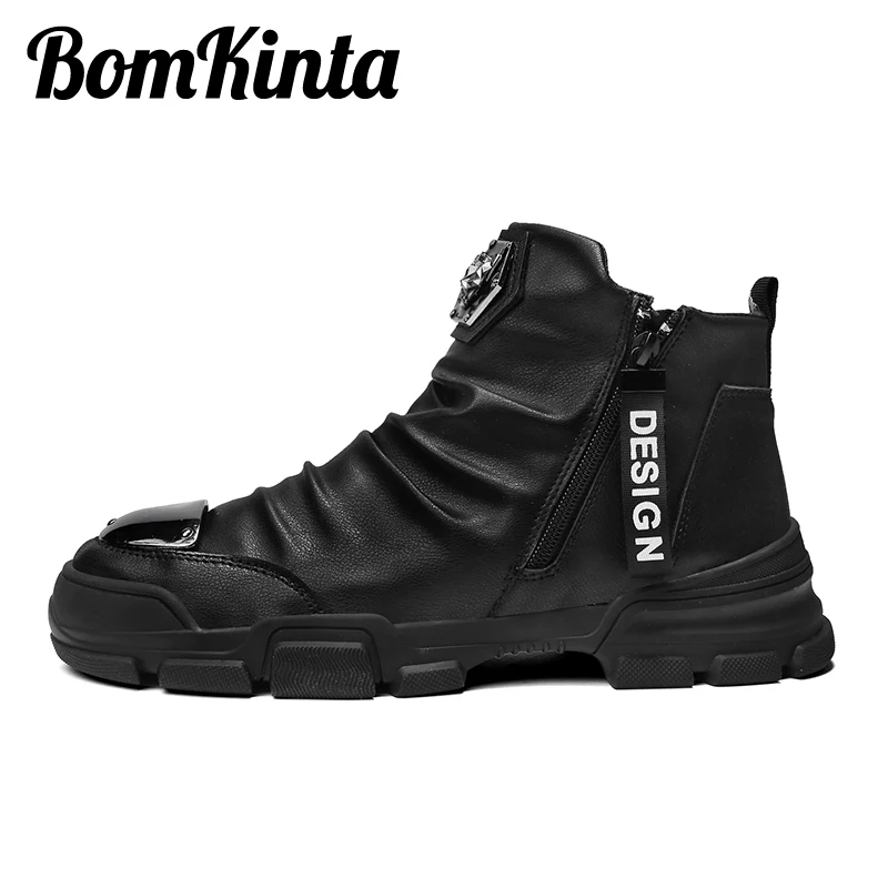 

Men's Boots Metal Toe Leather Sneakers Men Pleated Motorcycle Boots Men High Top Designer High Quality Botas Hombre