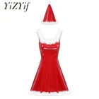 Рождественское сексуальное платье из ПВХ, женское нарядное платье с рисунком деда мороза, с квадратным вырезом, без рукавов, с белой отделкой из перьев, ТРАПЕЦИЕВИДНОЕ ПЛАТЬЕ С Шляпой