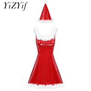 Рождественское сексуальное платье из ПВХ, женское нарядное платье с рисунком деда мороза, с квадратным вырезом, без рукавов, с белой отделкой из перьев, ТРАПЕЦИЕВИДНОЕ ПЛАТЬЕ С Шляпой