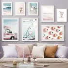 Розовый пляж волны цветок оболочки автомобиля пончики настенная живопись холст скандинавские постеры и принты настенные картинки для декора гостиной