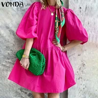 vonda 2022 summer bohemian sundress women 34 sleeve pleated ruffled hem vestido solid color puff sleeve casual midi dresses