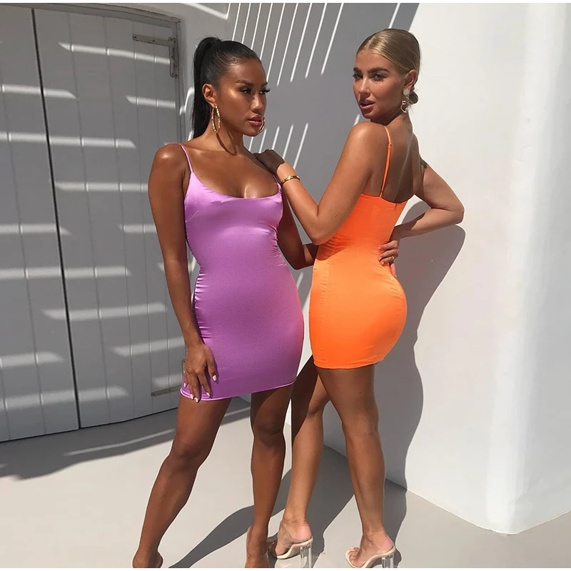 Parthea Lavender Satin Dress Women Sexy Low Cut Backless Bodycon Dress Pink Party Club Wear Mini Dress Black Vestidos Robe Femme