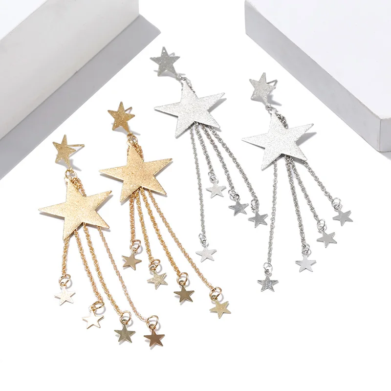 Корейские массивные серьги с пентаграммой и звездой длинные кисточками для