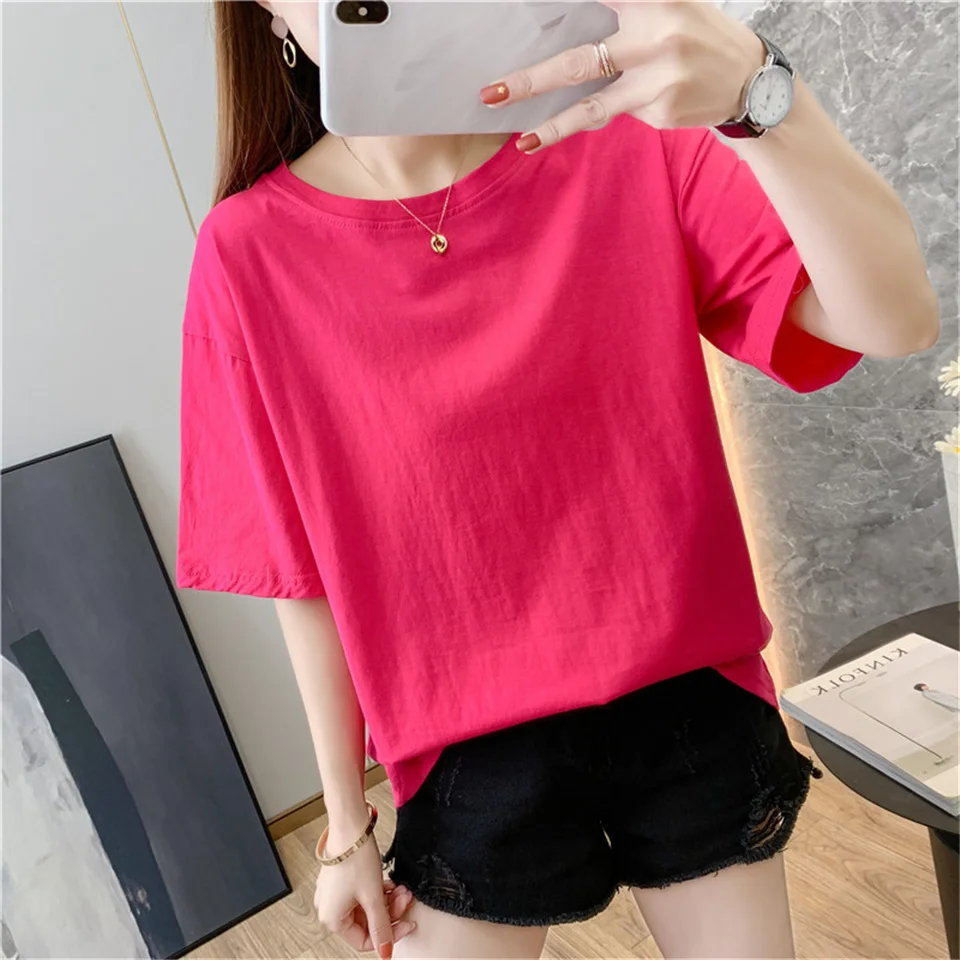 

Футболка женская свободного покроя с коротким рукавом, универсальная однотонная хлопковая рубашка, модный топ, одежда в Корейском стиле, на...