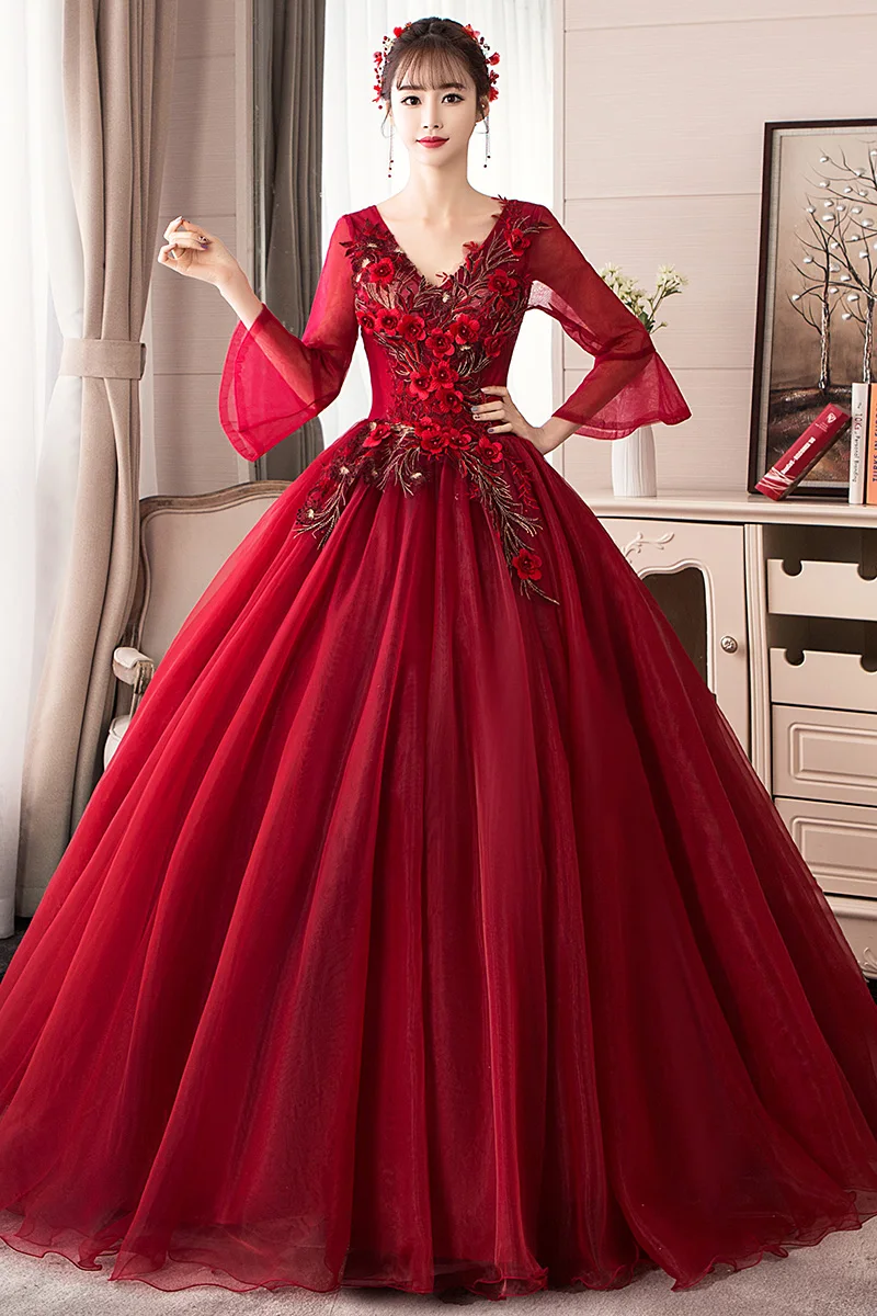 

High Quality Ball Gown V Neck Long Sleeve Quinceanera Dresses Floor Length Burgundy Tulle Lace Beading vestidos de 15 ano
