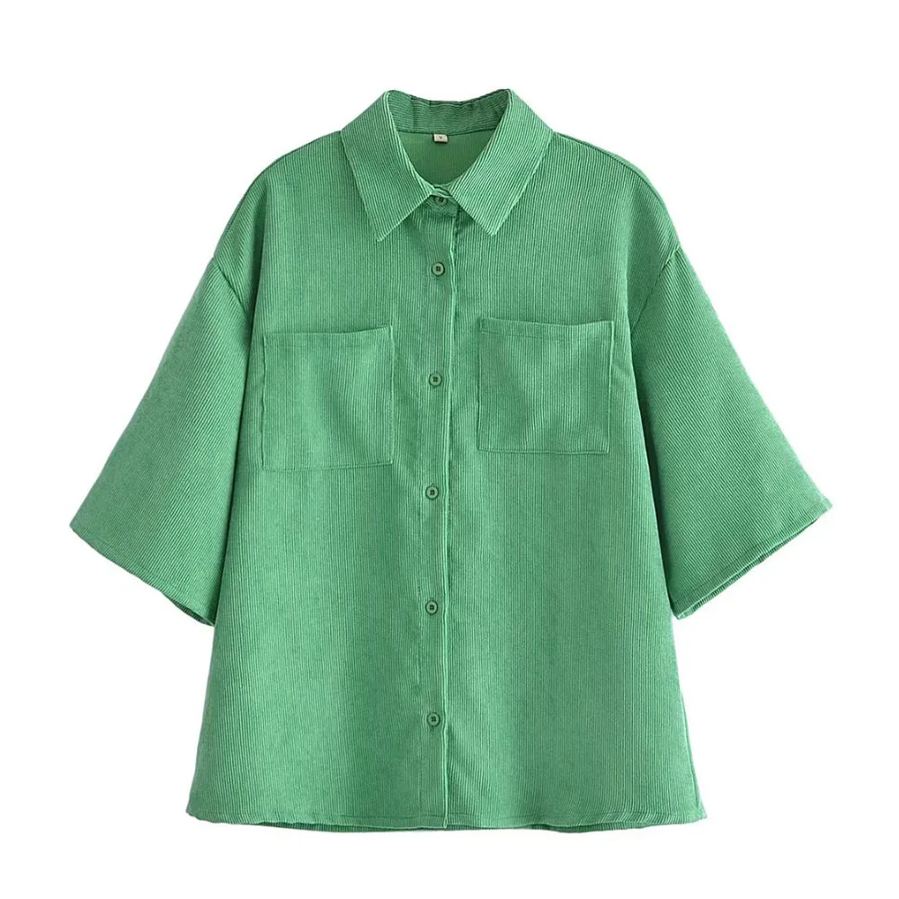 

Willshela Женская модная зеленая Вельветовая рубашка оверсайз с рукавами до локтя, однобортный воротник с лацканами, повседневная винтажная же...