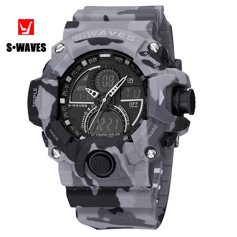

Genuine SWAVES Outdoor Casual Men's Watch Shockproof LCD Double Display Waterproof Tape Electronic Quartz Watch