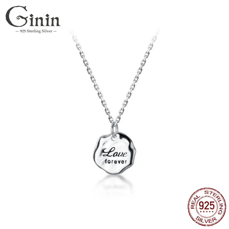 

Ginin Pure 925 Sterling Silver Japanese Irregular Glossy Wafer Pendant Necklace for Women Fashion Letter Femme Jewelry Bijoux