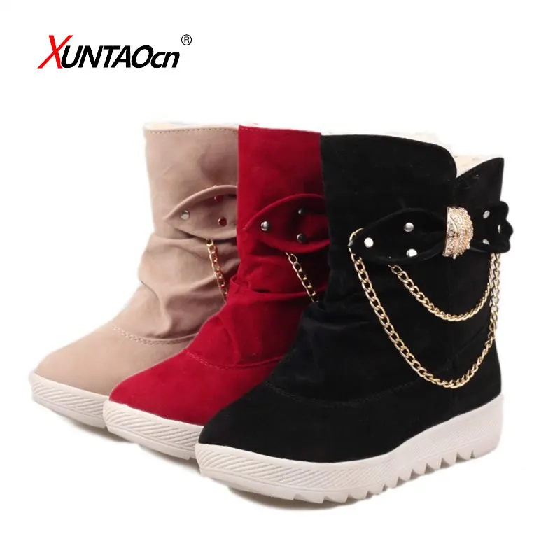 

2020 New Women Casual Winter warm snow boots women Comfort Round Toe Bow Slip on flats Mid-Calf Boots Women Boots mujer zapatos