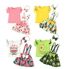 Комплект одежды для девочек 1-5 лет, футболка с коротким рукавом и юбка на подтяжках с бантом и принтом авокадо, арбуза, клубники, ананаса