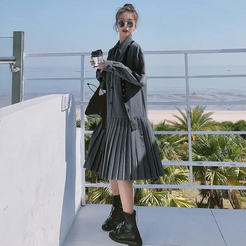 

Women Gray Ribbon Pleated Big Size Dress New Lapel Long Sleeve Loose Fit Fashion Tide Spring Autumn 2021
