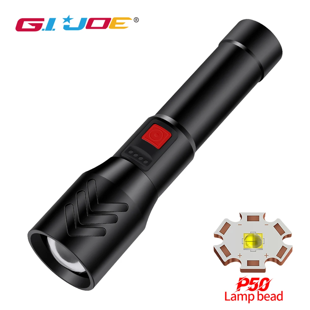 

GIJOE Zoomable Led Flashlight Built-in Battery P50 High Power Torch Lamp USB Rechargeable Waterproof For Outdoor Camping Lantern