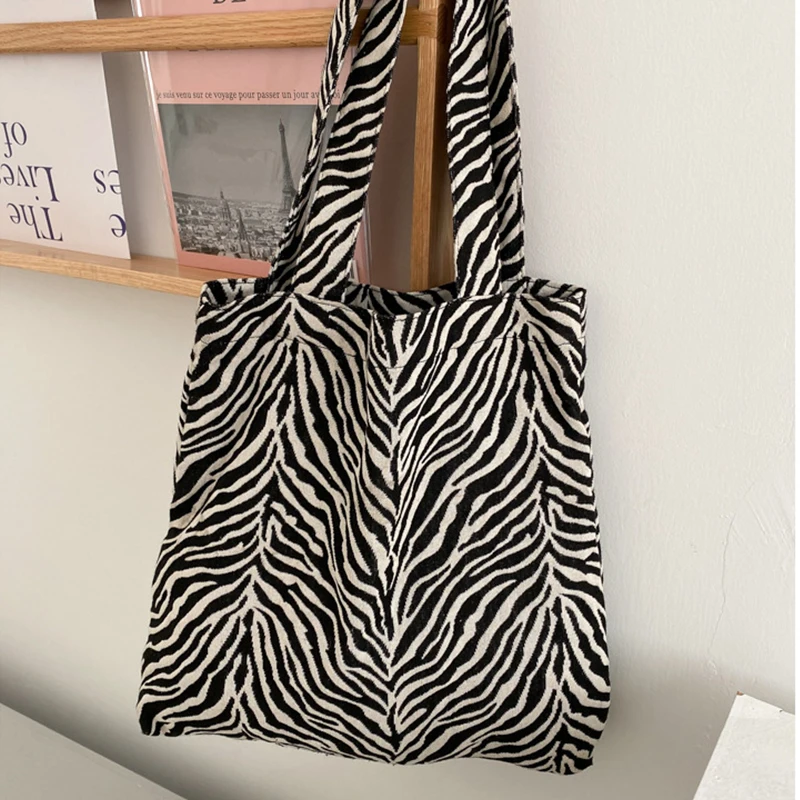 

2021 Fashion Casual Zebra Handbag Shopper Bag Cotton Canvas Shoulder Bag Reusable Eco Tote Bags Female Shopping Bag Beach Bag