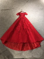 red tulle customized made real photos heavy beads short sleeves boat neck floor length evening party prom dance dress gown