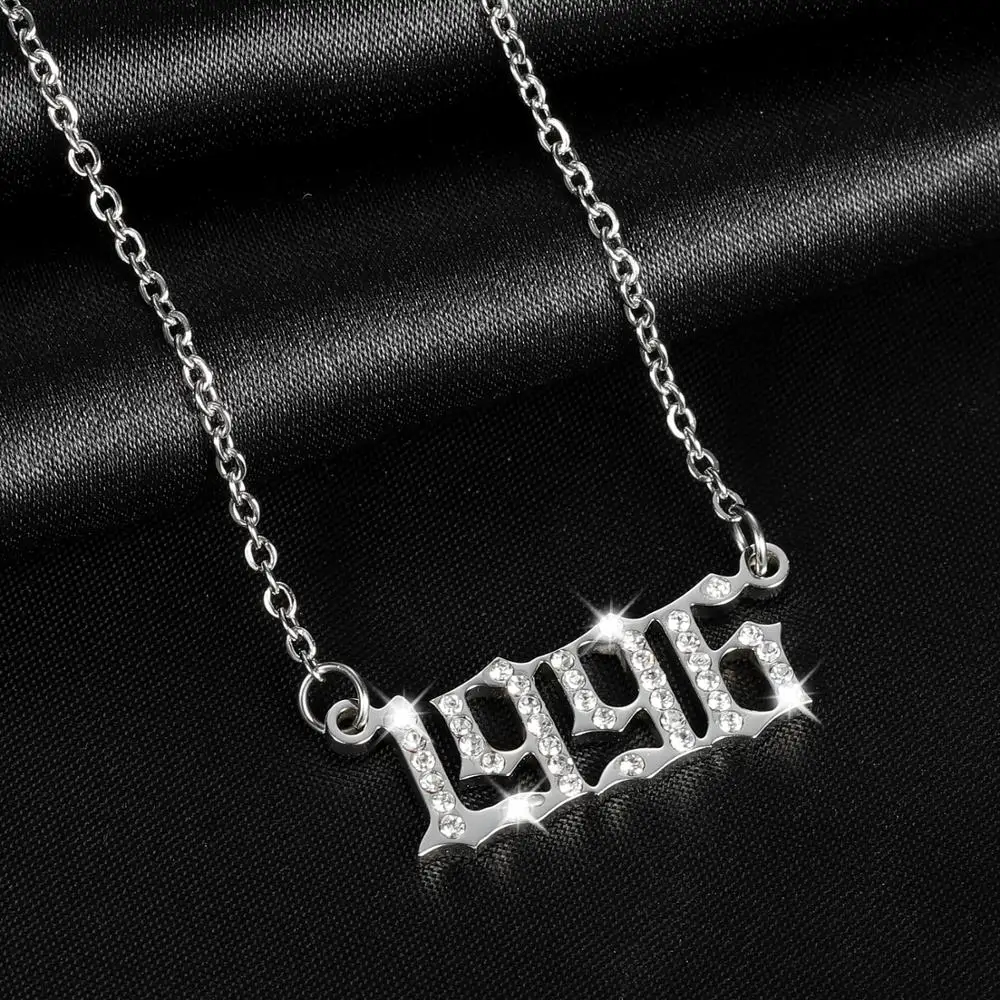 Customized Year Nameplate Necklaces Iced Out Stainless Steel Pendant Personalized Letter Gold Choker Fashion Jewelry for Women