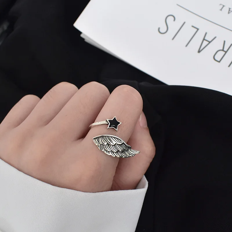 Vintage rings for women Irregular Stars Angel Wings feather Shaped 925 sterling silver ring party Punk style Race car Accessory | Украшения