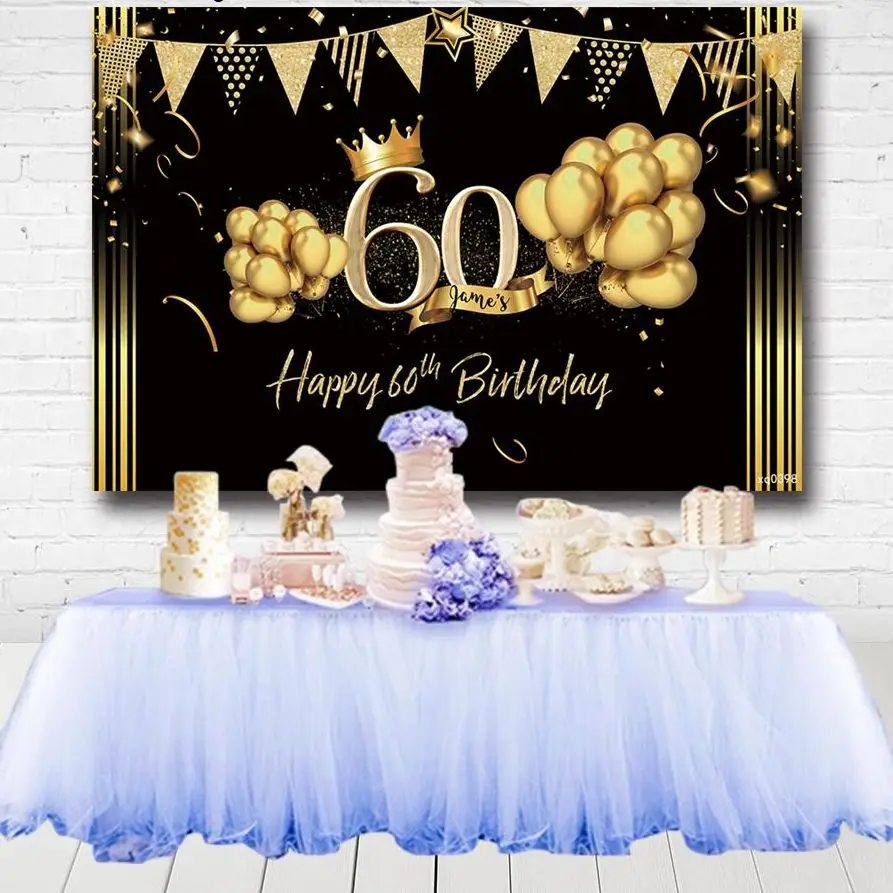 

Black Gold Glitter Adult Birthday Photography Backgrounds Bunting Balloons Crown Men Women 60th Birthday Party Backdrop