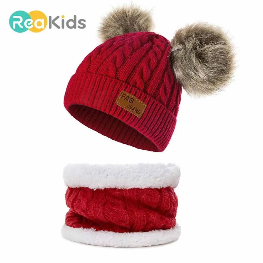 REAKIDS детские зимние шапки Pom теплая шапка для младенца меховые шарики девочек и мальчиков шапки s зимние детские шапки s толстые вязаные детские шапки