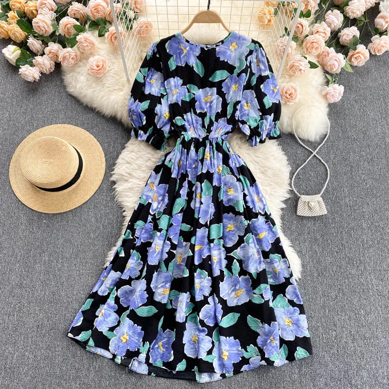 

2021 Women Dress Blending Short Lantern Sleeve Printed Flowers Dress Ladies Casual French Style O-neck Floral Swing Long Dresses