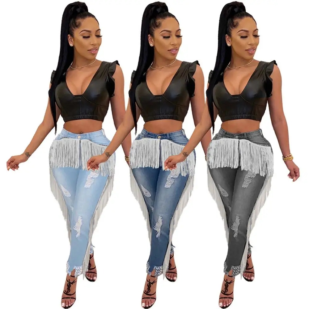

Plus Size Women Elastic Blue Jeans Sexy High Waist Skinny Tassel Jeans Fashion Ripped Trousers Black Blue Pencil Push Up Pants