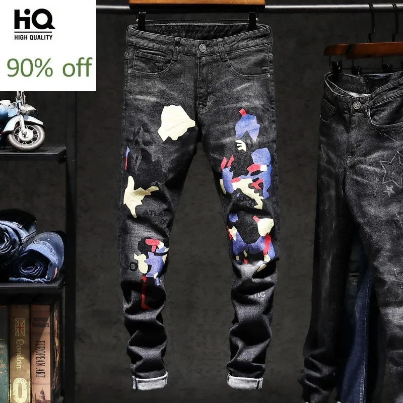 Мужские джинсы из денима модные облегающие брюки с принтом прямые полная длина