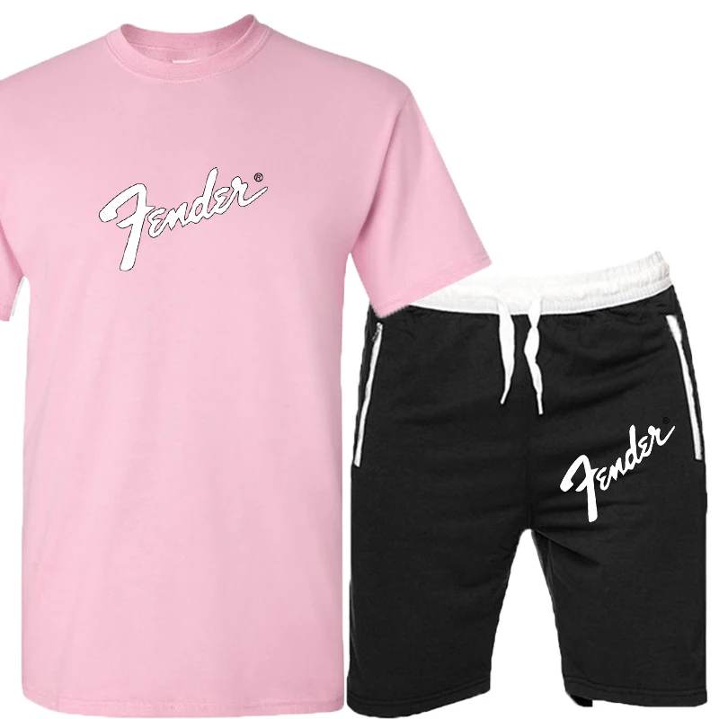 Pink-H-HeiK Новинка, толстовка Fender, брендовая футболка+ шорты, комплект из 2 предметов, Мужская забавная футболка из хлопка, черная модная футболка, свободные топы - Цвет: Pink-H-HeiK