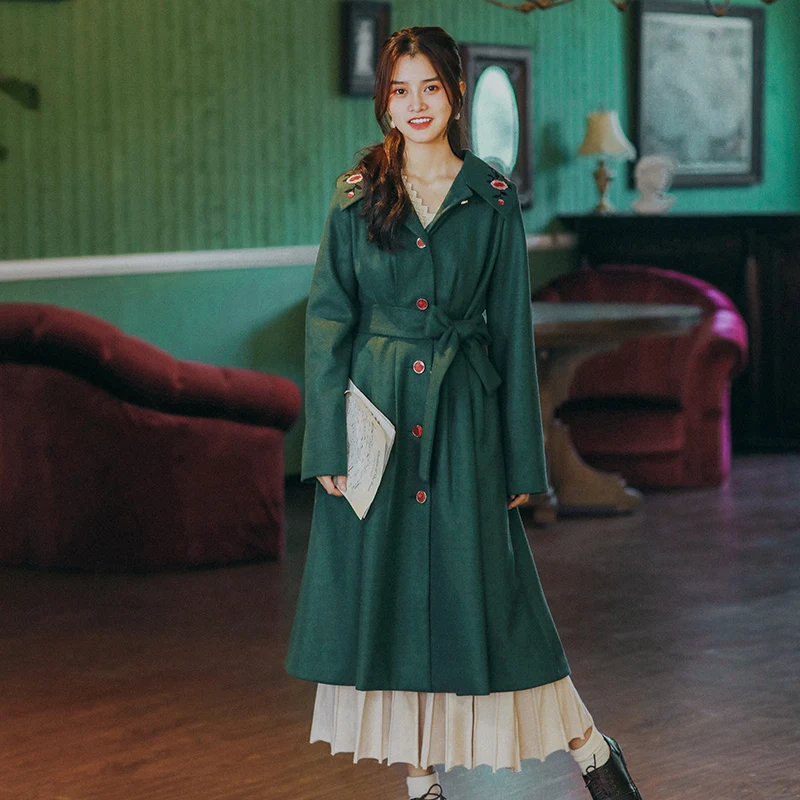 

Женское шерстяное пальто, осенне-зимнее элегантное приталенное Изумрудное длинное Свободное пальто с ремнем