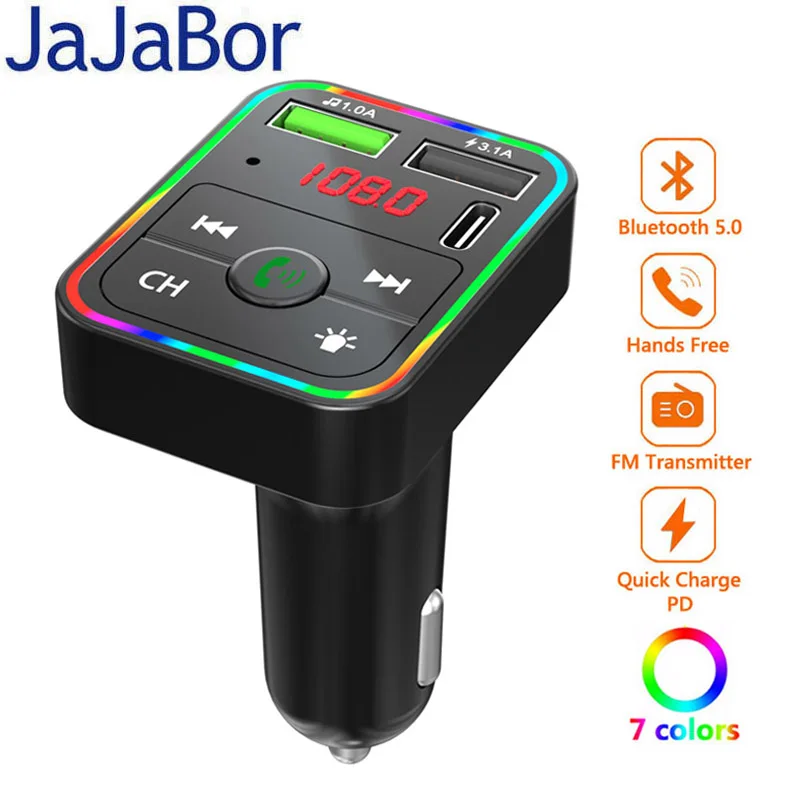 Автомобильный fm передатчик JaJaBor Bluetooth 5,0 Handsfree MP3 плеер с красочным атмосферным светильник 3.1A PD быстрое зарядное устройство FM модулятор
