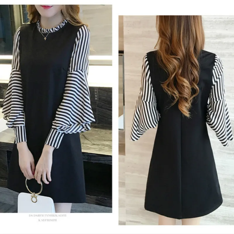 

Spring Autumn 2020 New Women's Clothing Korean Crew Neck Fashion Stripe Stitching Lotus Sleeve Show Thin Medium and Long Dress