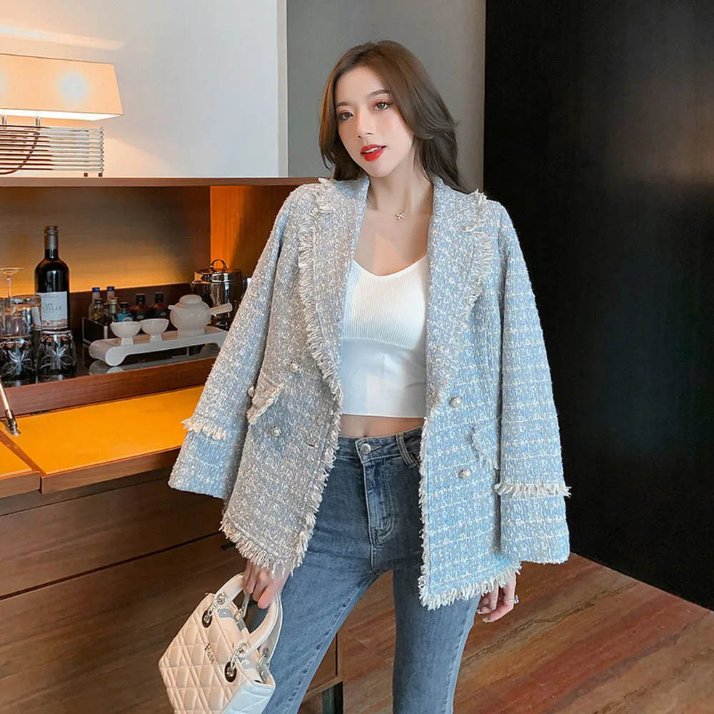 

New 2021 For Women Autumn Jacket Elegant Temperament Sky Blue Small Fragrance Tweed Jacket Winter Casual Ladies Top Outerwear