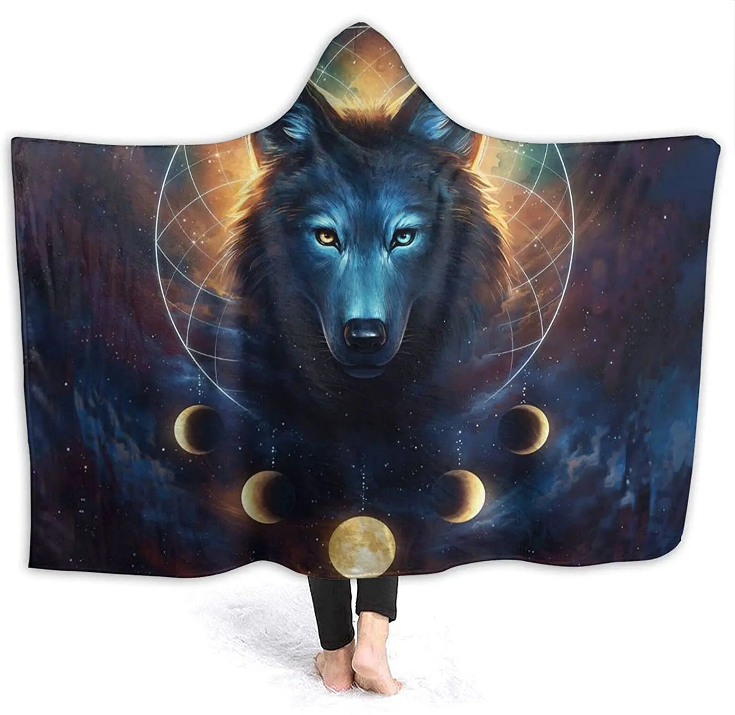 

Wolf Dreamcatcher Hooded Blanket Throw Wearable Blanket Anti-Pilling Flannel Hoodie-Plush Soft Warm Blanket Fit for Kids Adults