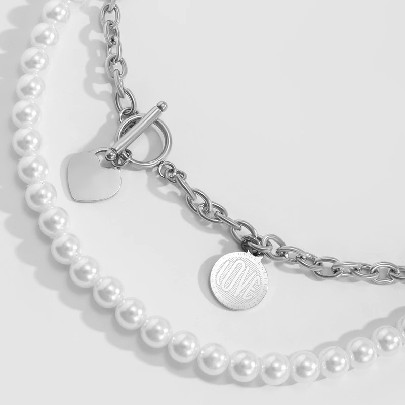 POTCET Unisex Stainless Steel Pearl Letter Heart Shaped Titanium Steel Necklace Pendant Geometric Fashion Hip Hop Party Jewelry