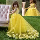 Желтые цветочные платья для девочек на заказ, Свадебное бальное платье из тюля с 3D цветами, вечерние платья на день рождения со шлейфом