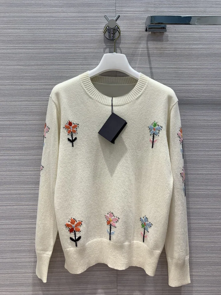 

Luxury Brand Cachemire Sweater Shirt 2020 Early Autumn Women Casual Colorblock Floral O-neck 100% Cashmere Knitting Top Sweaters