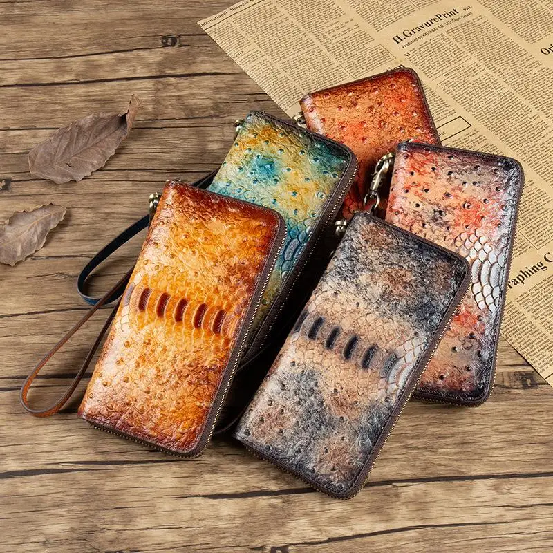

Retro Ostrich Pattern Women Purse 2021 New Genuine Leather Large Clutch Wallet Long Zipper Cowhide Multi Card Holder