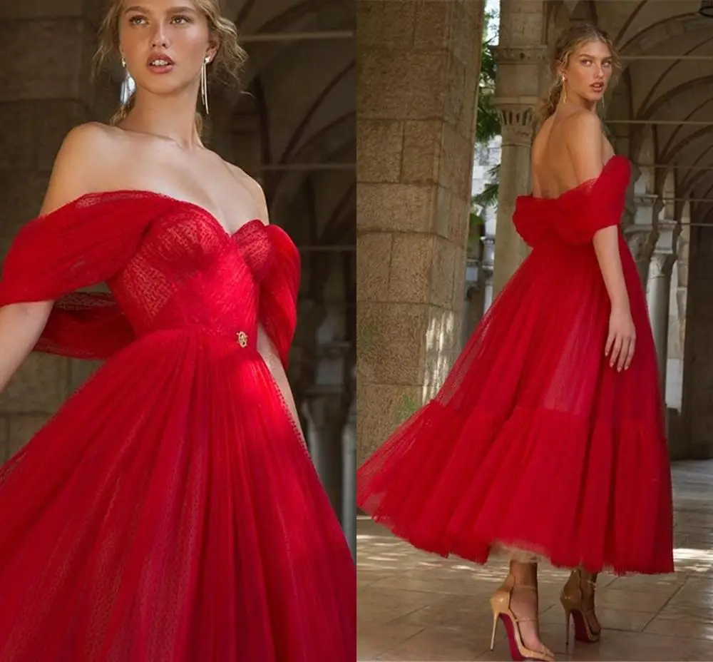 

Соблазнительные красные вечерние платья с открытыми плечами, модель 2021 года, Платье трапециевидного силуэта до щиколотки, женское вечернее платье, платье сорие