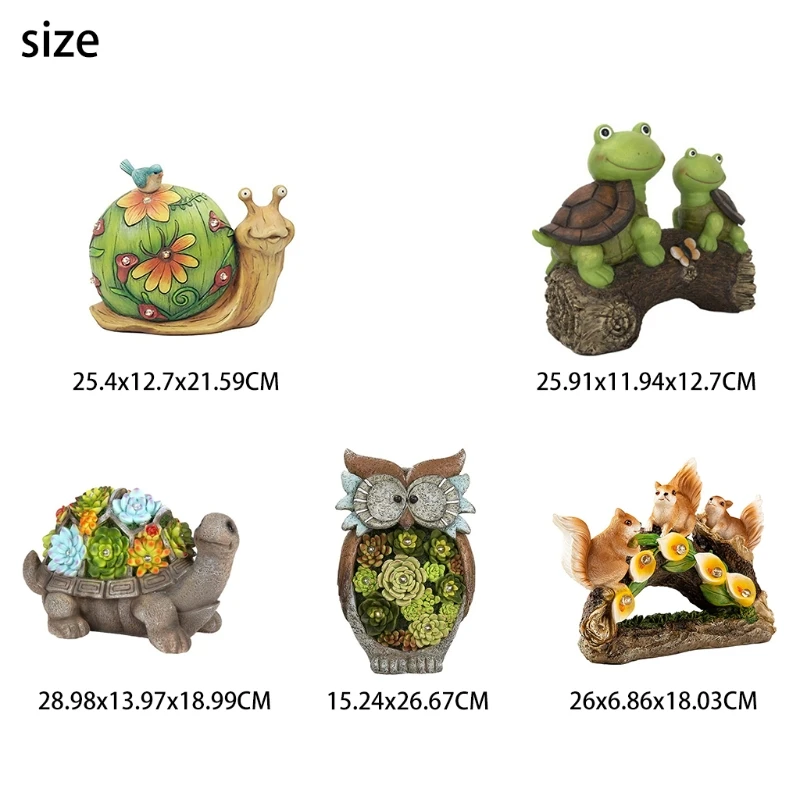 

Garden Statue Tortoise Succulent/Owl/Little Turtle/Squirrel/Snail Figurine Resin Art Crafts with Solar Powered LED Lights for Ha