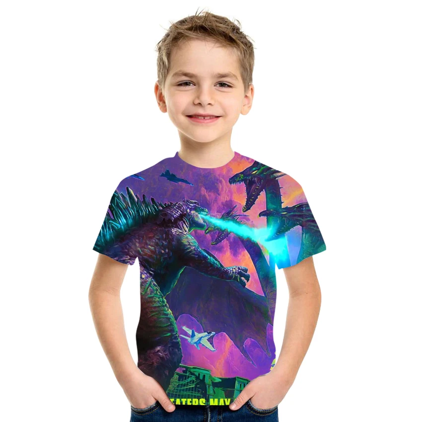 

2021 New Summer Girls And Boys 3D Printing Dinosaur Pattern Milk Silk Fabric Casual Loose T-Shirt 4T-16T Size