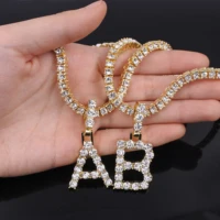 initial bubble letters charm pendant necklace 5mm hiphop 1 row tennis chain gold silver color crystal jewelry men women rap gift