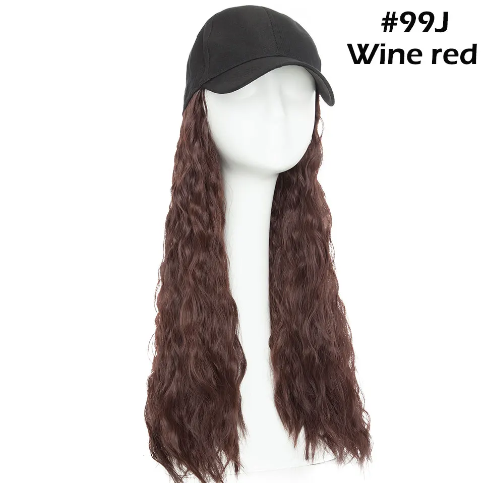 wine red Snoilite 1" волнистая бейсбольная кепка для волос удлиняющие синтетические волосы с черной кепкой интегрированная шапка с волосами для волос стиль девушки волос - Цвет: wine red