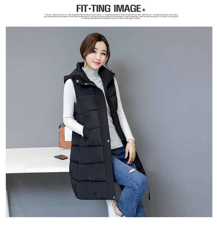 Winter vest women long vest Casual Slim thick warm Autumn hooded sleeveless waistcoat long zipper winter vest female M-3XL
