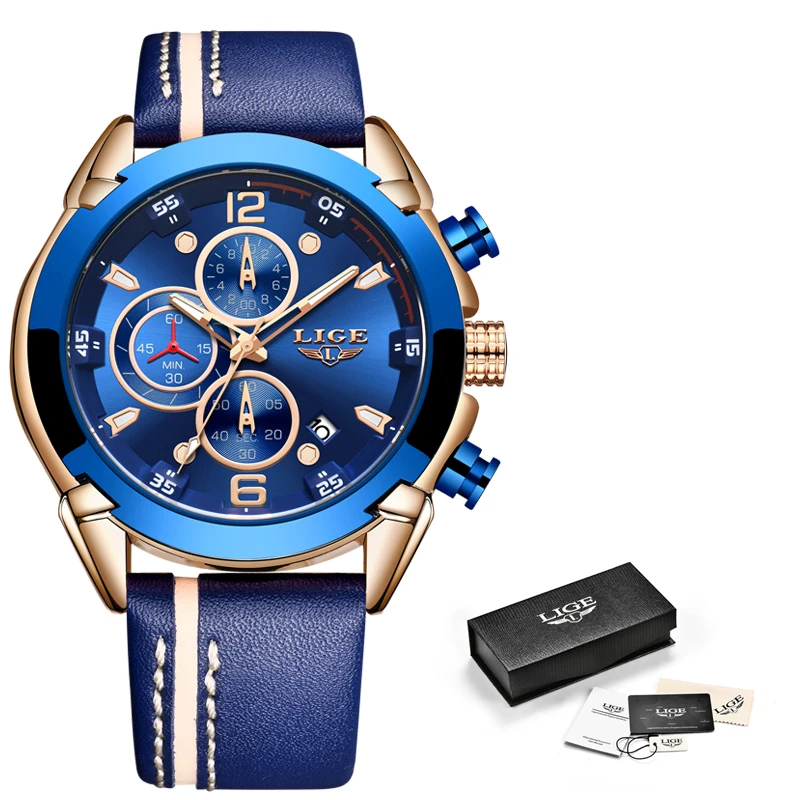 

Watch Men 2019 LIGE New Fashion Waterproof Sport Quartz Watches Mens Top Brand Luxury Blue Leather Chronograph Relogio Masculino