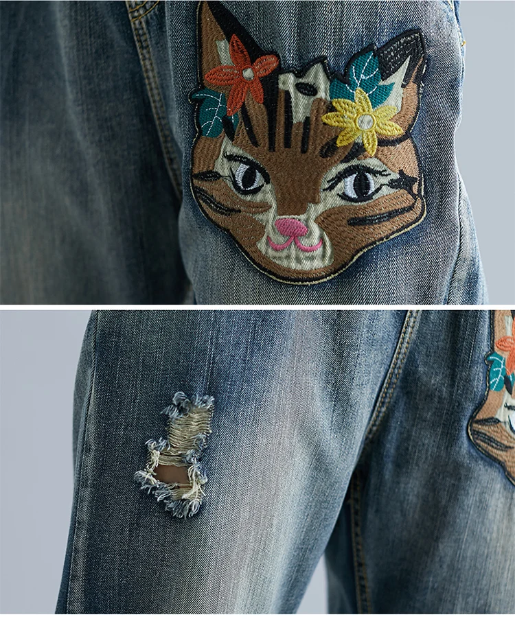 

Literary Women Cute Cartoon Embroidery Jeans Hole Elastic Waist Harem Denim Pants Casual Loose Water Washed Trousers Capris