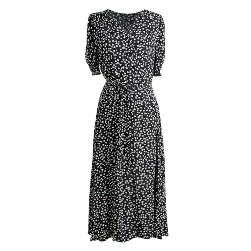 

Summer New Design Sense Retro Mid-Length Black Chiffon Floral Puff Sleeve Dress for Women fafa_ootd