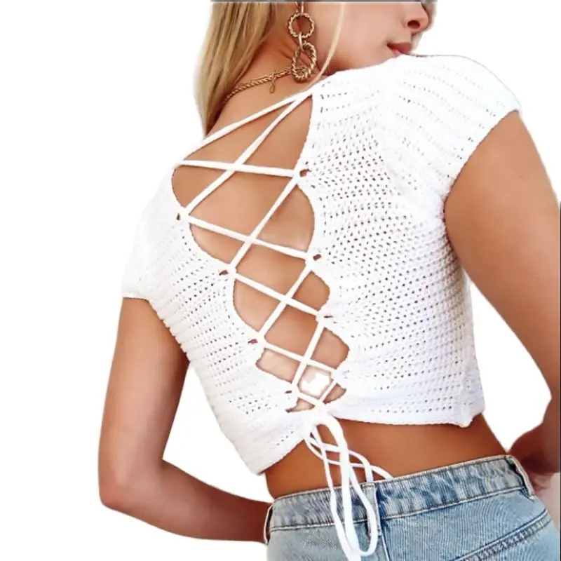 

Женская трикотажная футболка с коротким рукавом, открытой спиной и круглым вырезом