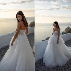 2020 Lace Wedding Dresses Sweetheart Appliques Beads A Line Bridal Gowns Custom Made Sexy Backless Sweep Train Wedding Dress
